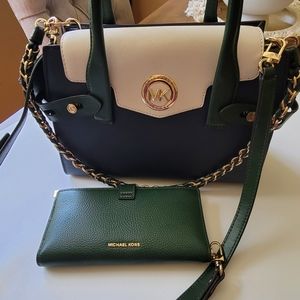 Michael Kors Carmen Flap Leather Satchel and Large Carryall Leather Wristlet